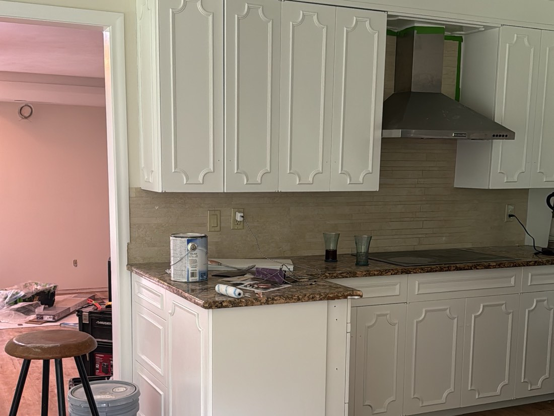 Gabinetes de cocina y pen&iacute;nsula pintados de blanco bajo una campana de acero
