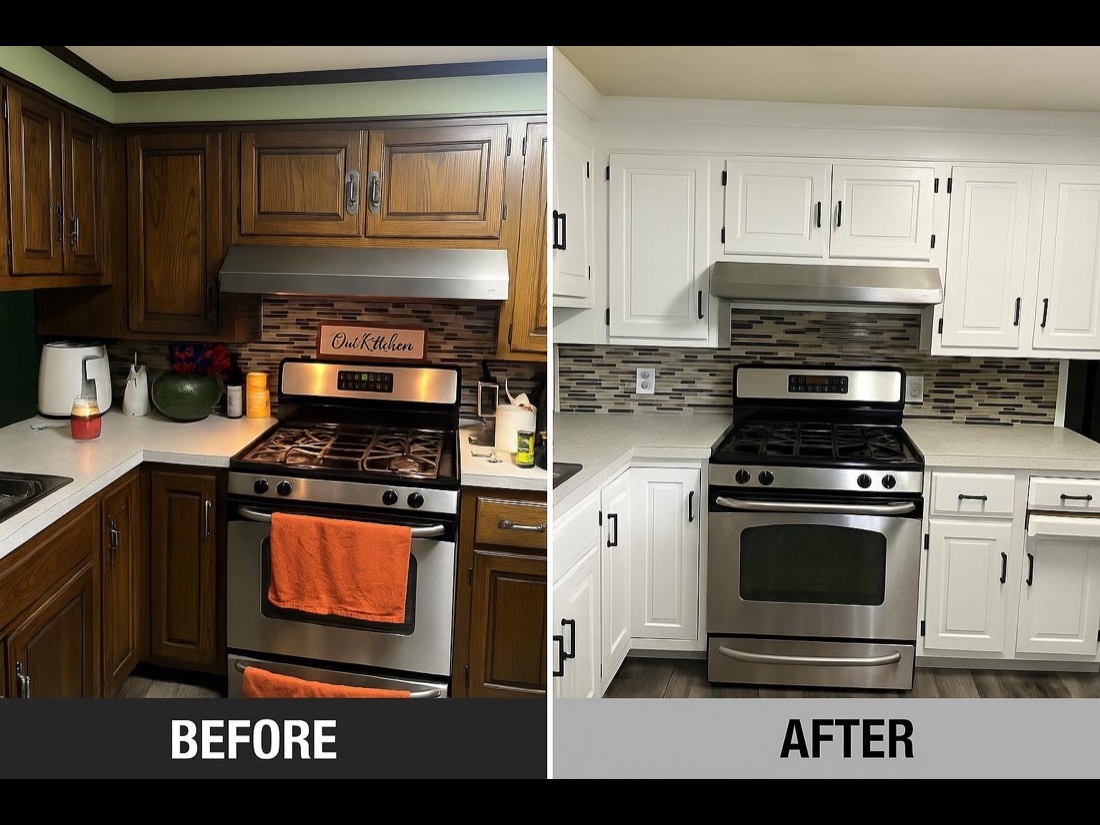 Gabinetes de cocina antes y despu&eacute;s de ser restaurados de roble oscuro a blanco